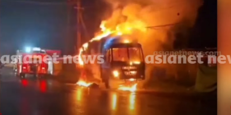 lorry parked on the roadside catches fire driver jumped out after seeing smoke while resting