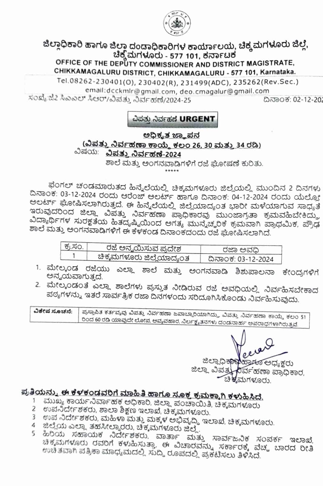 fengal cyclone effect Kodagu DC declared holiday for schools san