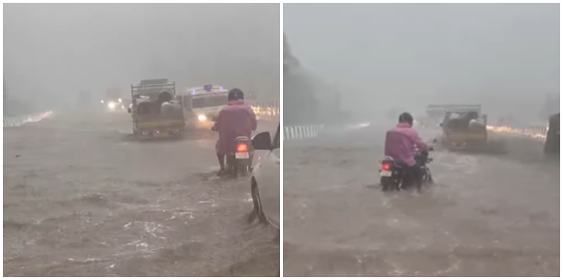 Shocking video from Kasaragod Heavy rainfall turns the National Highway into a river According to radar rain is expected to continue