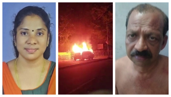 kollam husband set on fire wife and killed incident arrest today