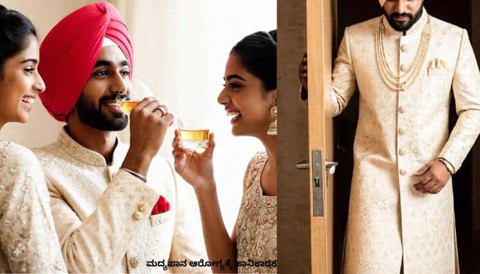 Groom s consuming alcohol with two female friends at wedding day mrq