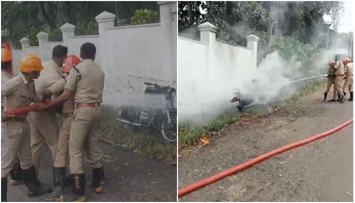 Ernakulam's parked bullet caught fire; The fire was extinguished by the fire brigade 