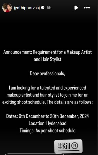 jyothi Rai aka Jyothi poorvaaj Posts Makeup Artist and Hair Stylist Job Offer for Her Film san