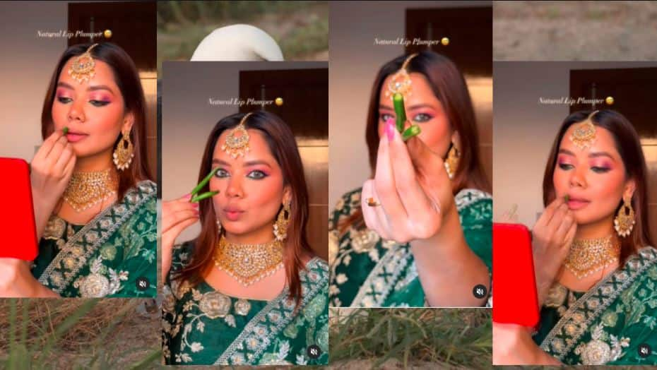 Viral Video Influencer rubs green chilies on lips to give them a beautiful color shape