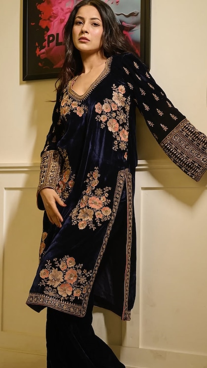 Flower Work Blue Velvet Suit