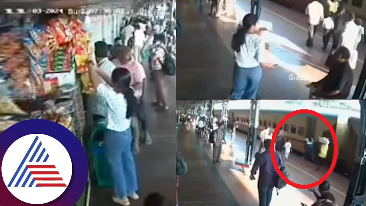 lady running to catch a train in a hurry and falling off and escaped miraculously suc