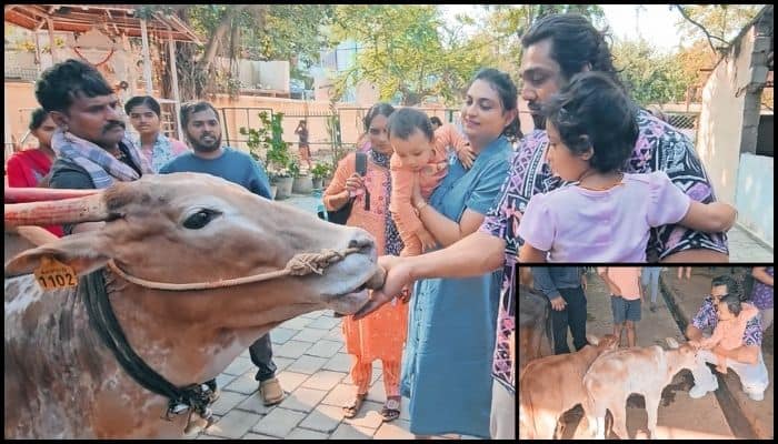 Actor Dhruva Sarja visits cow shelter in Bengaluru with his wife and children sat