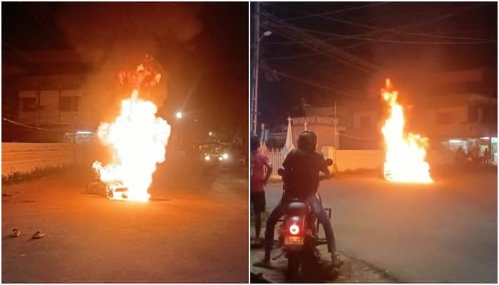 Bike catches fire in thrissur passengers injured