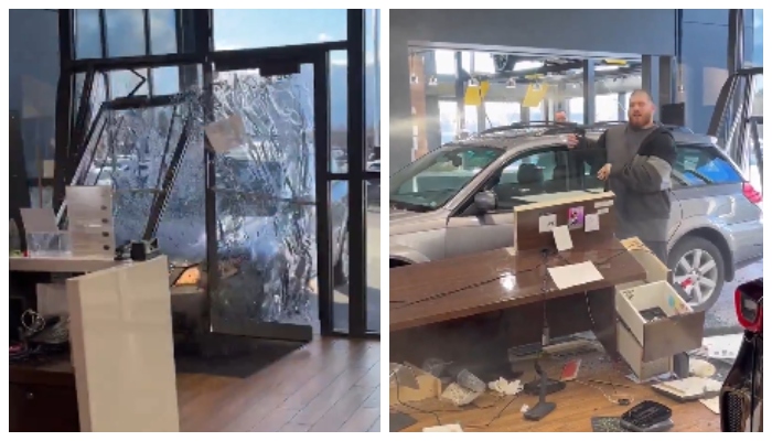 video of a man drives car into showroom after they denied refund gone viral