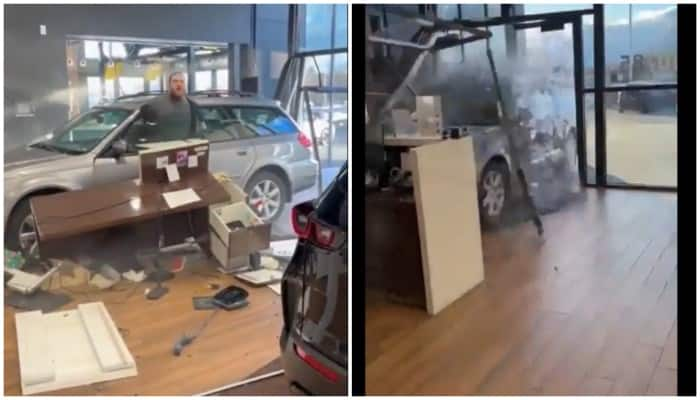  US man, furious over refund denial, crashes brand new car into showroom; terrifying video goes viral (WATCH) shk