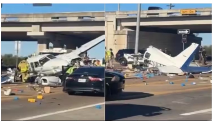 flight made a dramatic emergency landing on a busy highway, slamming into three cars and injuring four