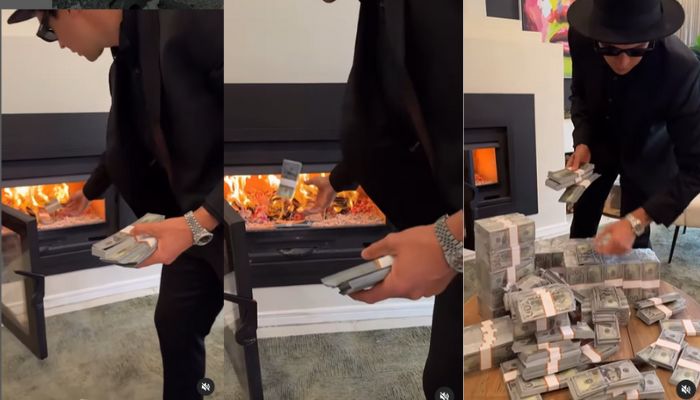 Man Burns Money in Fireplace Viral Video Social Media Influencer Chimney sat