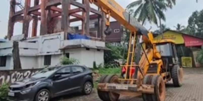 young woman pedestrian seriously injured after being hit by a crane for the construction of the national highway