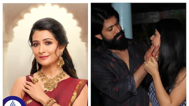 A Man put his hand to actress Radhika Pandit shoulder in jewellery shop inauguration srb