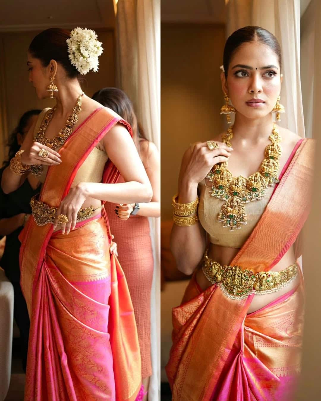 Malavika Mohanan wear pink Kanjeevaram silk saree for Keerthy Suresh wedding mma