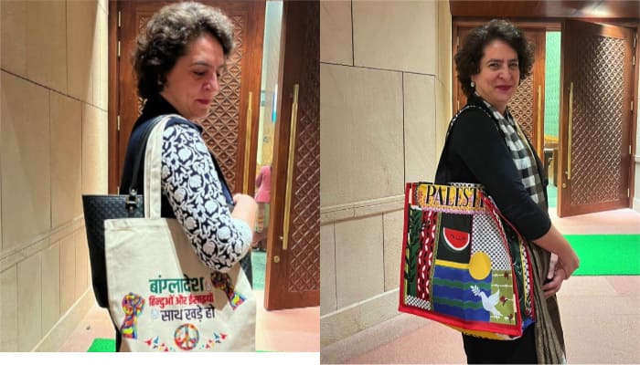 priyanka gandhi with bangladesh bag in parliament