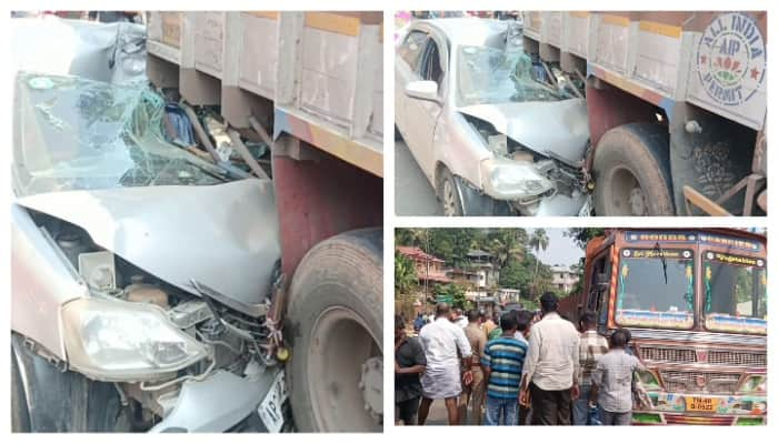 car of Sabarimala pilgrims rammed behind a stopped lorry 5 injured accident in Kanjirapalli