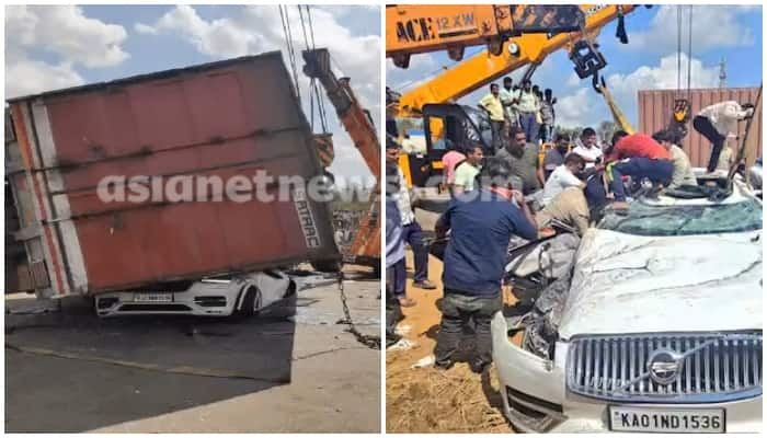 Container falls on Volvo car Horrific scene of Nelamangala accident captured on CCTV