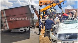 Container falls on Volvo car Horrific scene of Nelamangala accident captured on CCTV