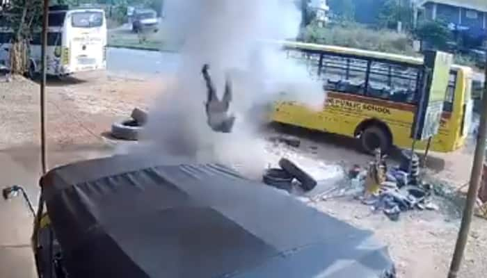 Karnataka Youth injured after tyre explosion hurls him into the air in Koteshwara; WATCH viral CCTV footage snt