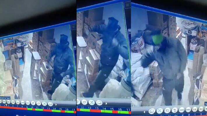 UP sambhal viral video dancing thief shop robbery cctv footage kaju badam theft