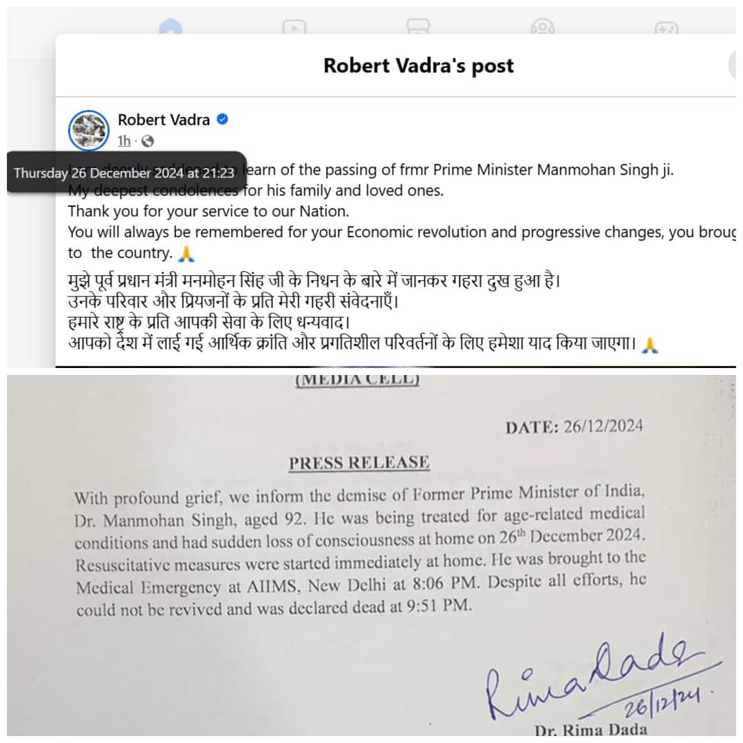 Robert Vadra's early post on former PM Manmohan Singh's death even before AIIMS notice leaves internet divided