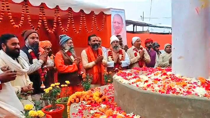 Dharm Dhwajas raised at all three Vaishnav Akhadas after Charan Paduka Pujan at Prayagraj Mahakumbh 2025