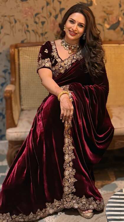 Maroon Velvet Saree