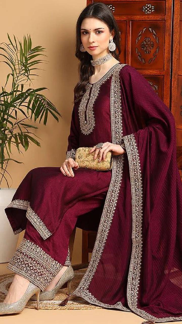 Women wine roman silk thread embroidered designer salwar suit