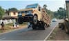 The front portion of a goods lorry was lifted off the ground due to overweight while traveling on a main road