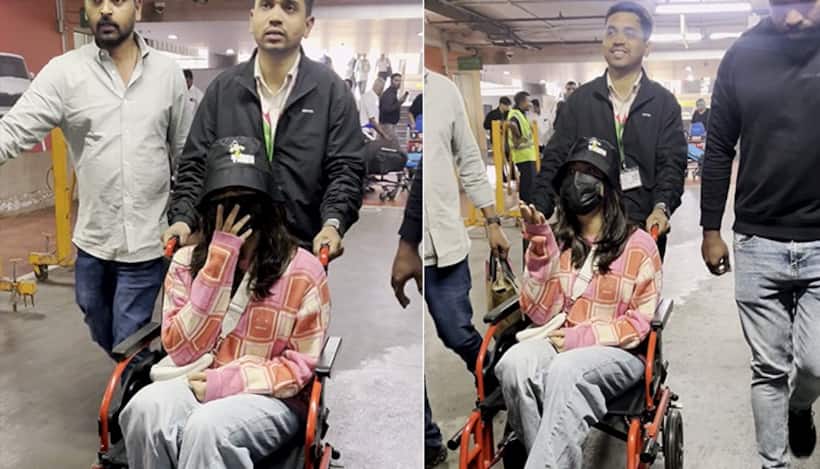 Rashmika Mandanna seen at airport in wheelchair, flies out for Chhaava Trailer launch [WATCH]