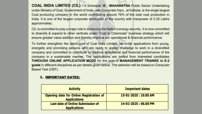 Coal India MT Recruitment 2025: Join coalindia.in to apply for 434 Management Trainee vacancies-rag