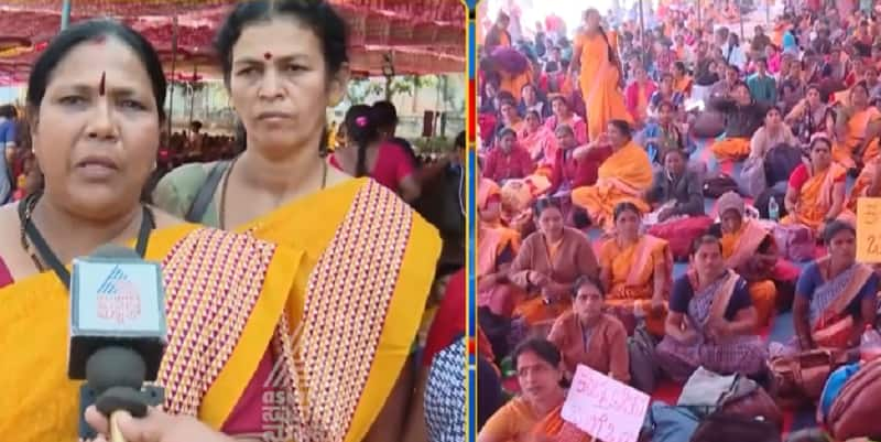 Anganwadi workers stage indefinite protest demanding fulfillment of various demands including minimum wage