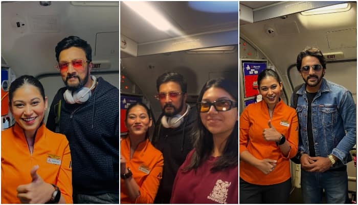 air hostess shares selfie photo with actor kiccha sudeep with daughter goes viral