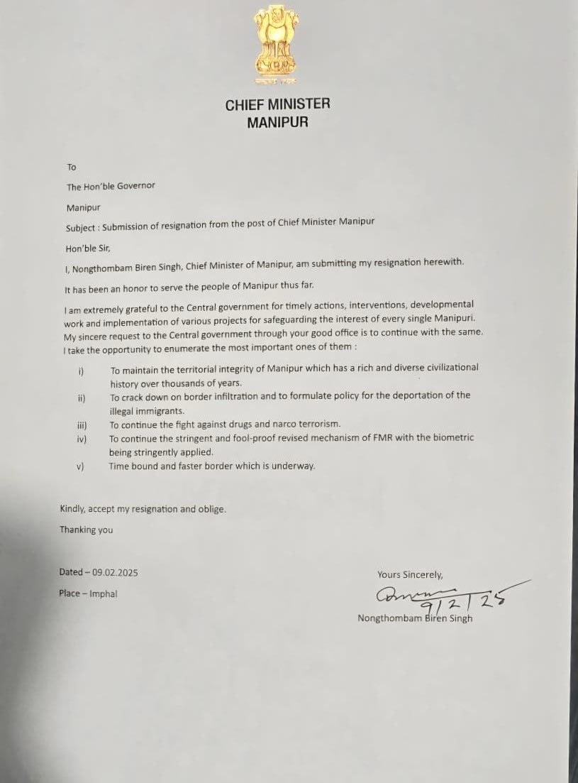 BREAKING: Manipur CM N Biren Singh resigns ddr