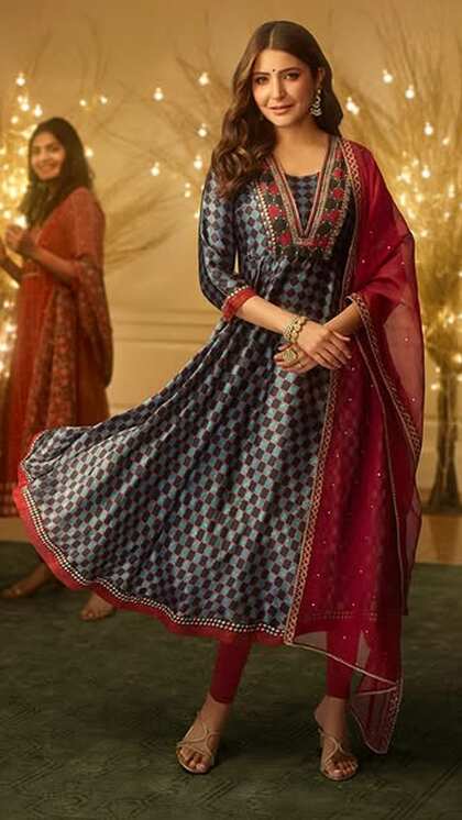 Check Print Contrast Lace Anarkali Suit