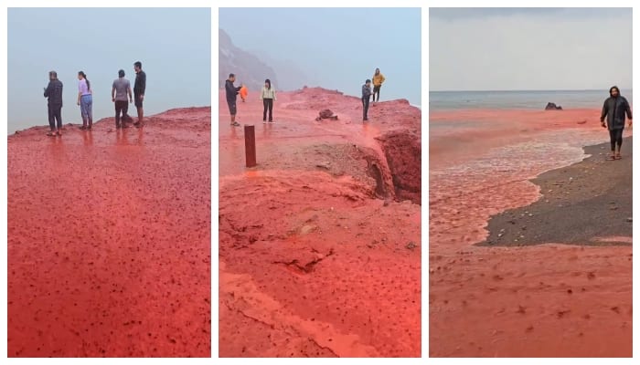 Blood rain on Irans coast red coloured water that made even the sea red video goes viral in social media 