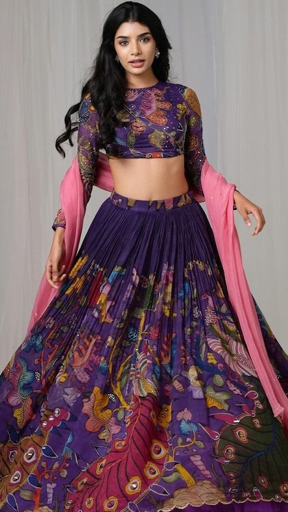 Purple pink combination Madhubani print lehenga