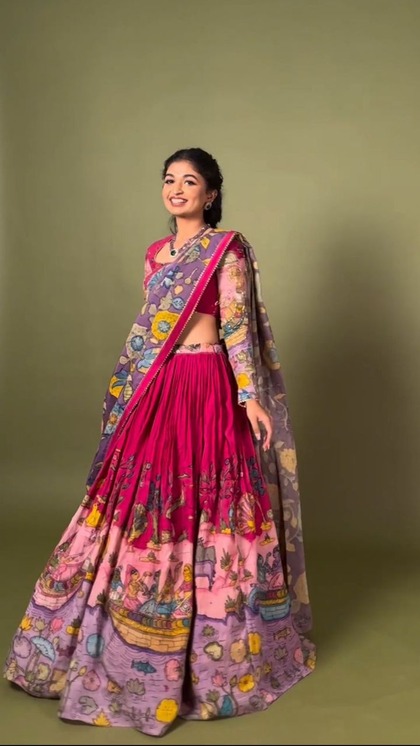 Dark pink Madhubani print lehenga