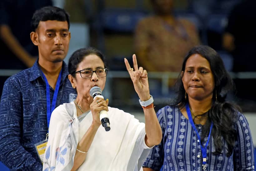 CM Mamata Banerjee meets affected teachers at Netaji Indoor Stadium