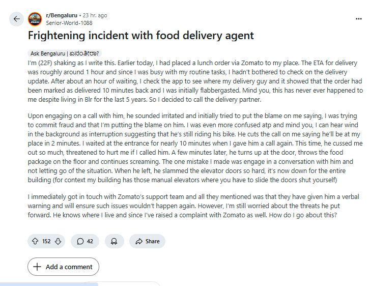 Zomato Delivery Boy Threat Bengaluru Woman Ordeal sat