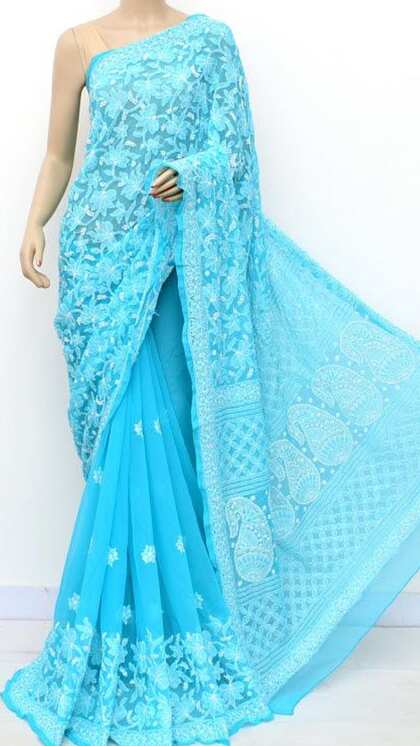 2. Sky Blue Chikankari Saree