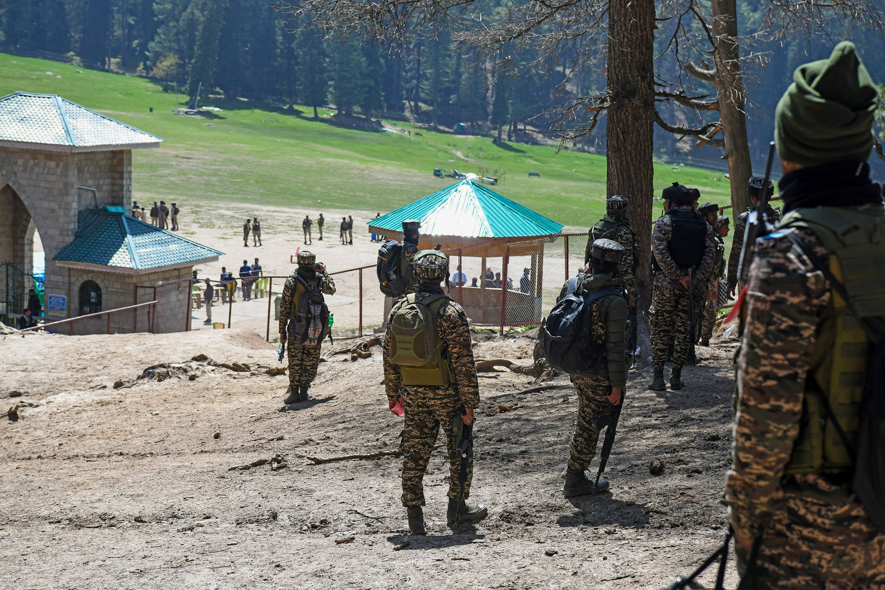Security personnel carry out a search operation at Baisaran following the Pahalgam terrorist attack