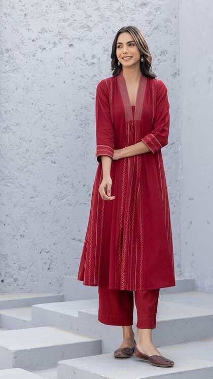 Strapped Red Cotton Suit
