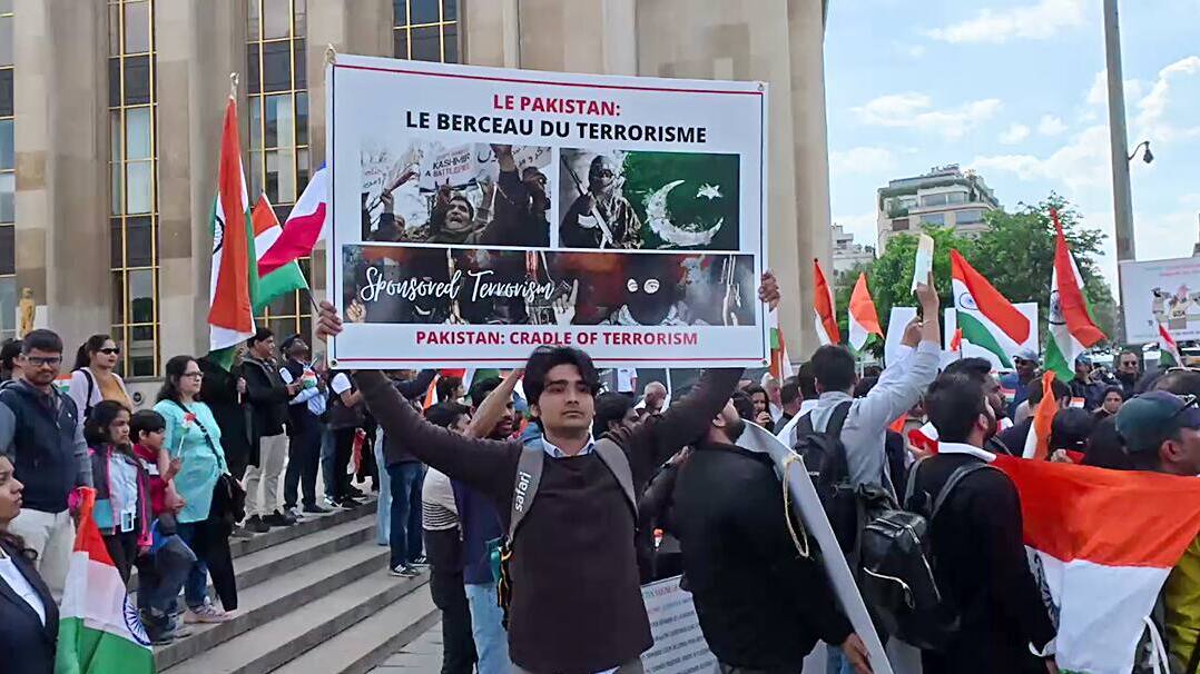 Members of the Indian diaspora protest against the Pahalgam terror attack in Paris