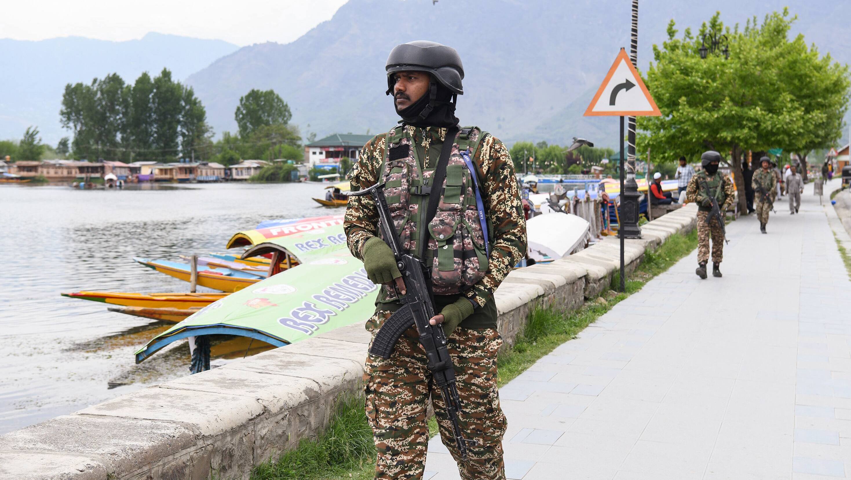 CRPF personnel patrol on the banks of Dal lake after the Pahalgam terror attack