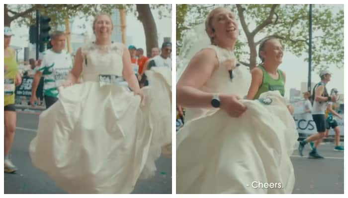 Woman runs marathon in wedding dress viral video 