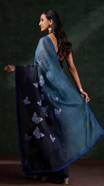 Blue Butterfly Print Saree