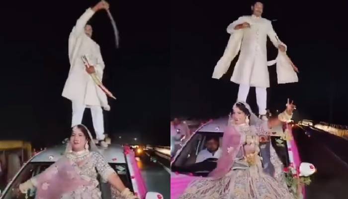 groom with sword newlyweds dances on the car traffic rules violates video 