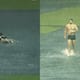 RCB's Tim Tim David swimming on the pitch cover at M Chinnaswamy Stadium during Rain